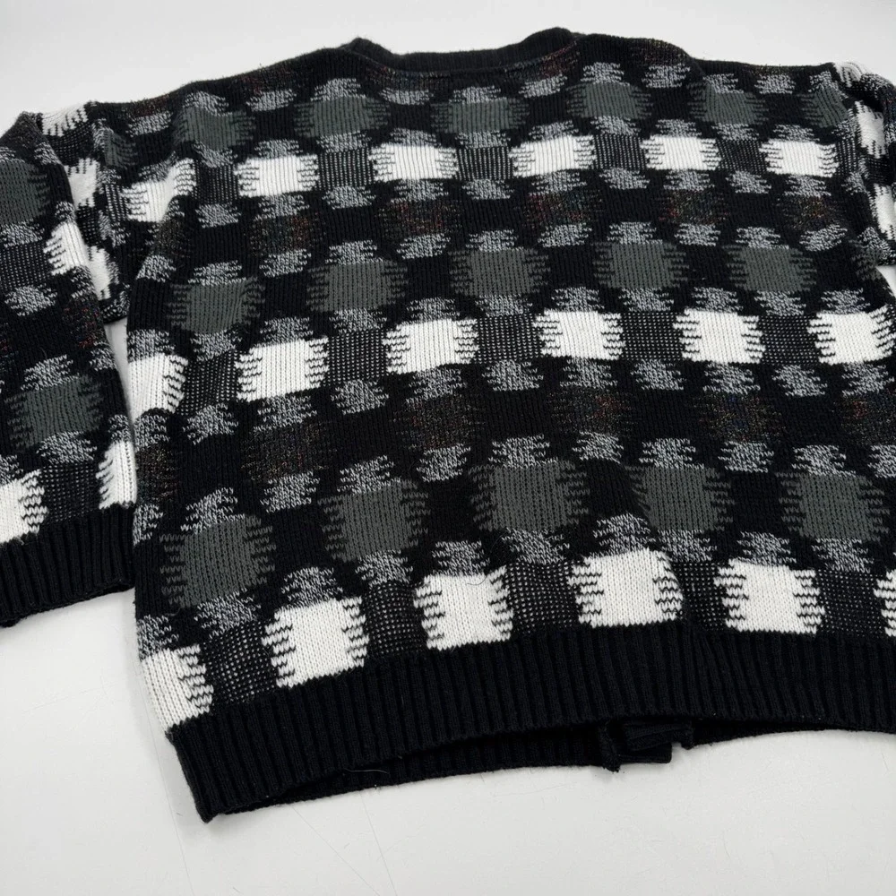 Vintage AREA Black White Gray Plaid Button V Neck Cardigan‎ Sweater Men's Large